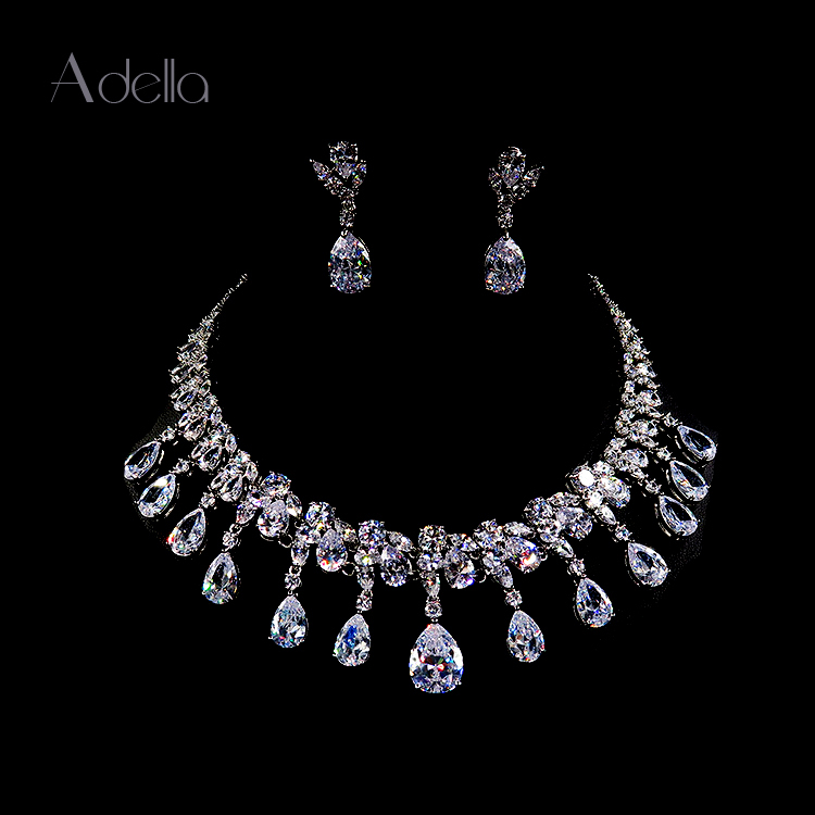 Adella Jewelry New Water Drop Tassel Bridal Full Diamond Necklace and Earrings Set Wedding Dress Accessories C013