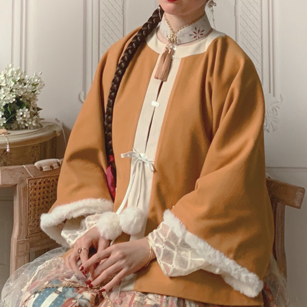 (vegetarian school) original hanfu pure color 100 lap and fluff, round collar half sleeve autumn and winter everyday non-ancient clothes