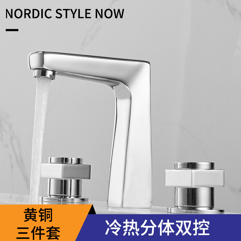 Two-piece double take the three-hole face basin tap hot and cold tap American all-copper washbasin washbasin bathroom cabinet