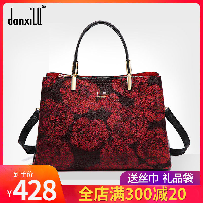 Tanshi Road Genuine Leather Women Bag 2020 New Fashion Mountain Tea Flowers Princess Bag Middle-aged Single Shoulder Slanted Satchel Bag of Bull Leather Bag