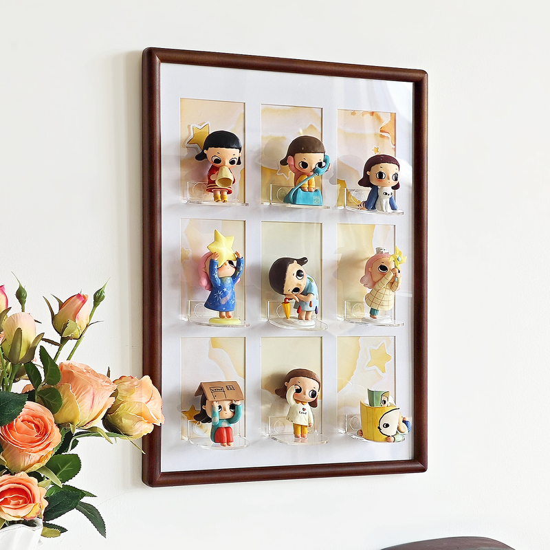 9-Grid Blind Box Display Stand with Solid Wood Frame, Nyota Star Figure, Dimoo Storage Box