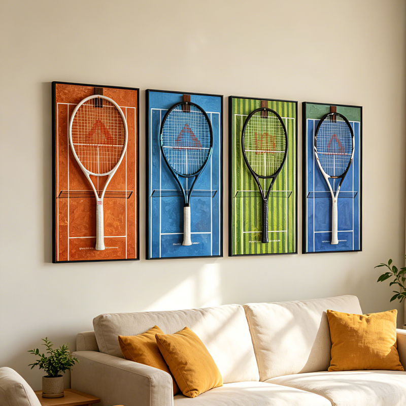 Tennis Racket Display Frame Grand Slam Tennis Wall Wimbledon Australian Open French Open Hook Racket Storage Photo Frame Nail-Free Wall Hanging
