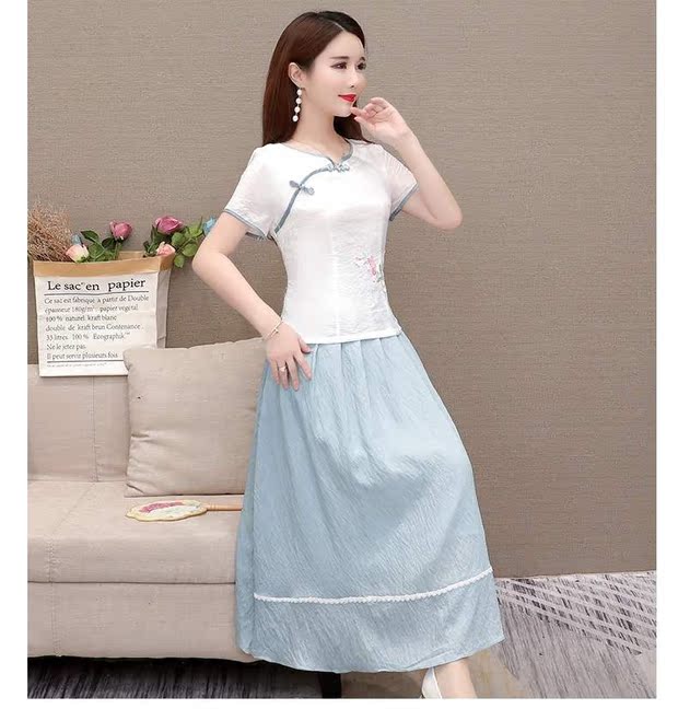 2019 mới khâu mùa hè của phụ nữ dài qua đầu gối khâu Hanfu tuổi hoang dã Một từ váy thủy triều - A-Line Váy váy đầm xòe