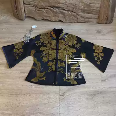 Cloud decoration totem original design women's top Old satin gold flower trumpet sleeve stand-up collar thin temperament coat