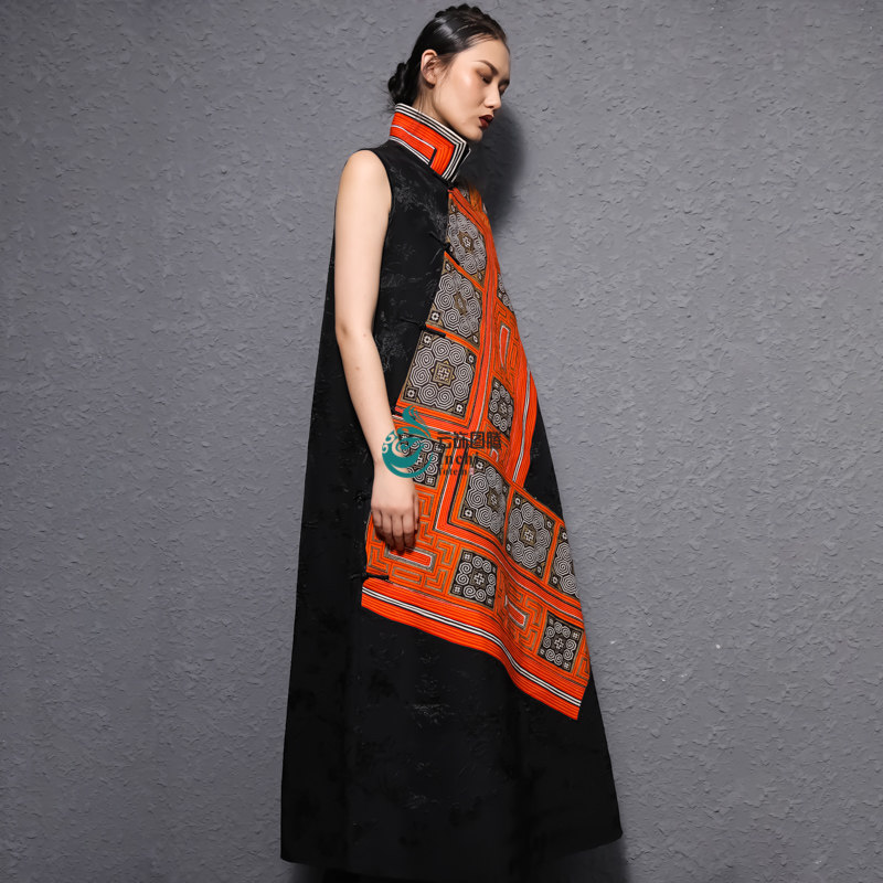 Cloud decoration totem original women's national style hand embroidery Miao embroidery stand-up collar contrast oblique lapel waistband personality dress
