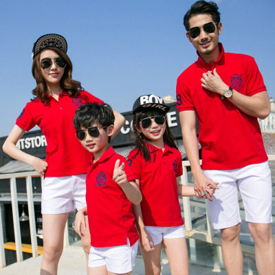 Parent-child summer clothes, family of three, four, short-sleeved T-shirt, family portrait, custom mother-child pure cotton top, red polo shirt