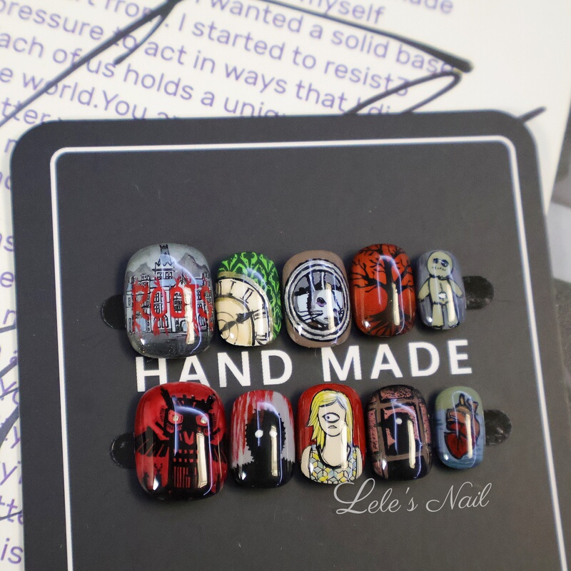 【Lele】Embroidered Lake Decryption Game Series Niche Dark Neutral Pure Hand-Painted Nail Art Wearable Nails