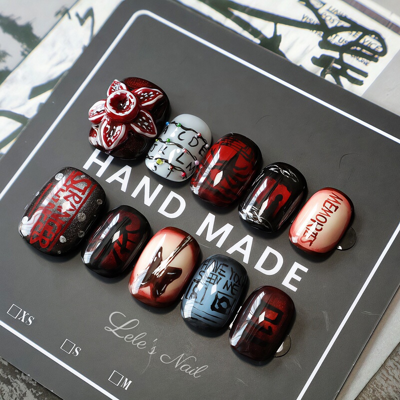 Stranger Things-Inspired Nail Art, Niche Dark Neutral Handmade Hand-Painted Wearable Short Nails