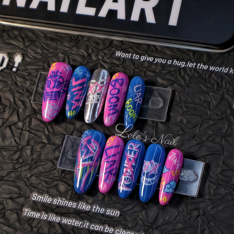 Double City Battle Jinx Super Cool Fluorescent Blue and Pink Graffiti Hand-Painted Wearable Nail Art