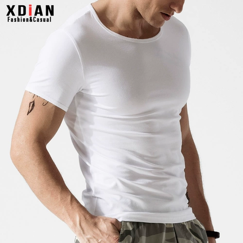 Мужская хлопковая летняя белая футболка с коротким рукавом, облегающий крой, в обтяжку, короткий рукав