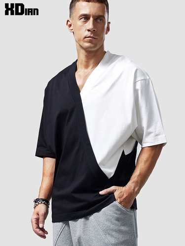 Хлопковая летняя футболка с коротким рукавом, китайский стиль, V-образный вырез