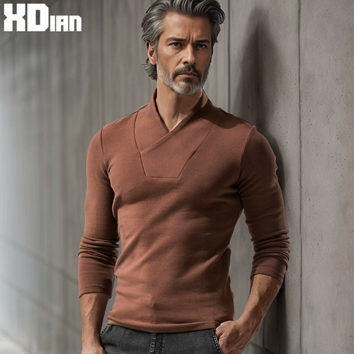 Демисезонная хлопковая утепленный лонгслив, термобелье, китайский стиль, V-образный вырез, облегающий крой, высокий воротник