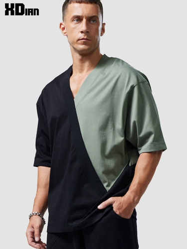 Хлопковая летняя футболка с коротким рукавом, китайский стиль, V-образный вырез