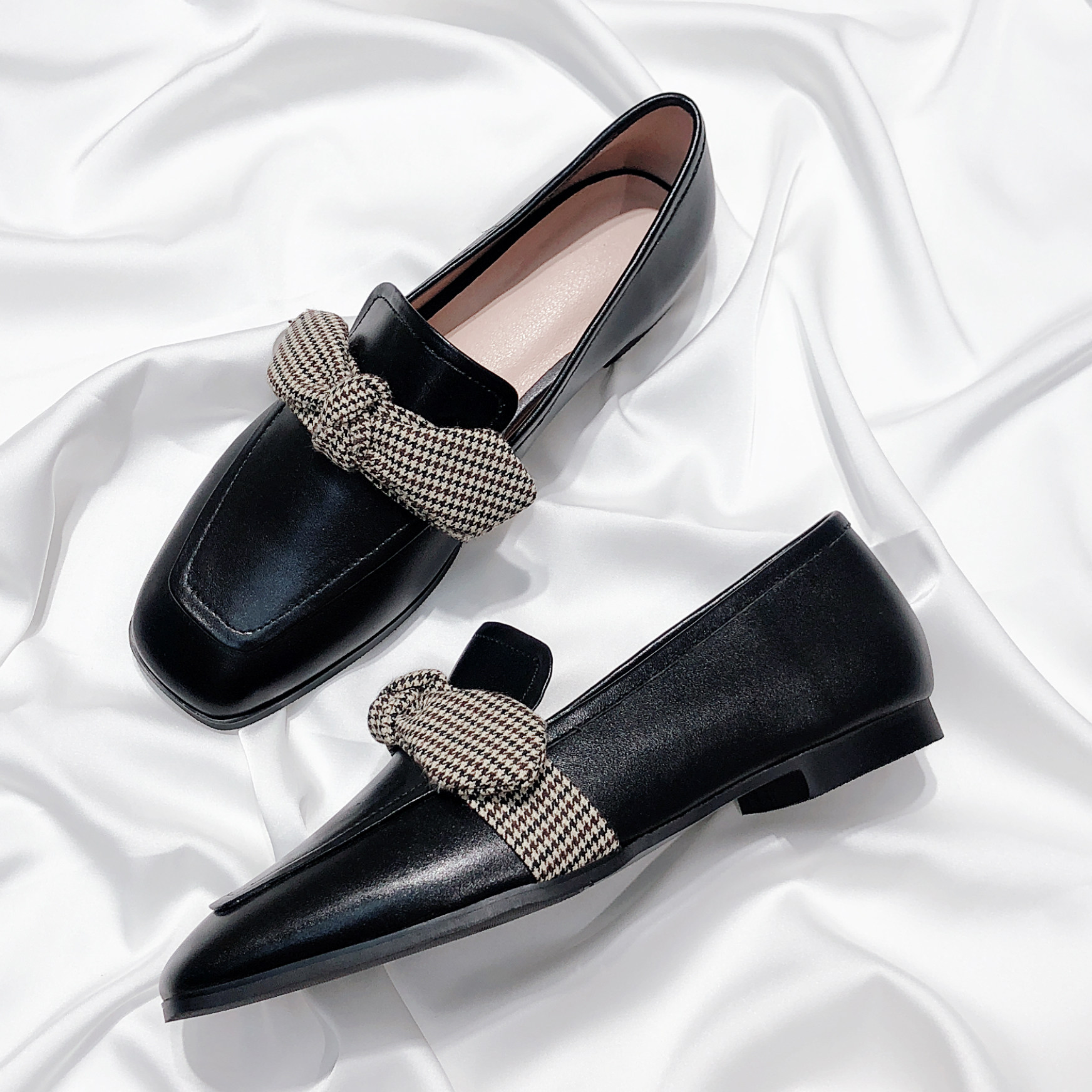 Senyu Haixiang 2022 new leather bow square toe shoes flat all-match Korean version sweet loafer women