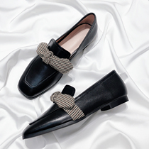Moriyu Sea Alley 2022 new genuine leather butterfly knot square head single shoe flat bottom 100 hitch Korean version sweet and beautiful Lefoe shoes female
