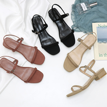 2022 new late evening with the same genuine leather straight strap low heel 100 hitch heel and flat flat-bottomed sandal women summer