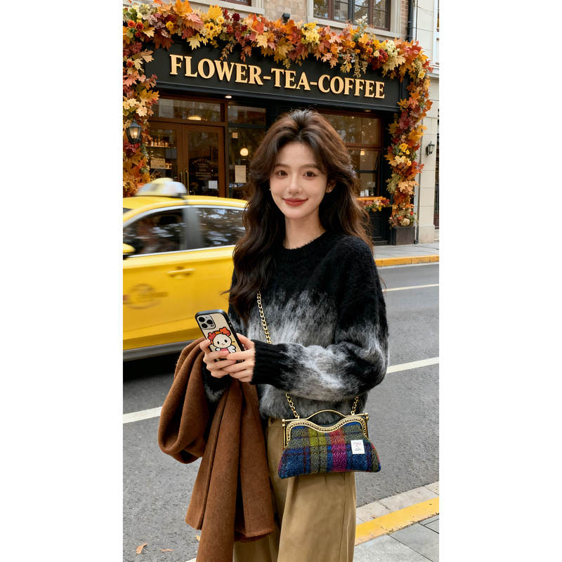 Harris Tweed Plaid Woolen Chain Crossbody Bag Harris Single-Shoulder Tweed Women's Clasp Handbag