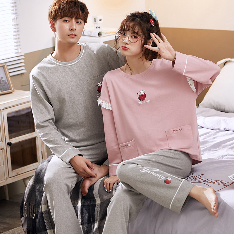 Couple pajamas long sleeve cotton thin spring and autumn Korean embroidery strawberry print large size can wear men's suit
