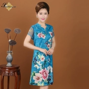 Biyang 2019 phụ nữ trung niên mùa hè đầm lụa mẹ đầm cao cấp mùa hè đầm lụa ngắn tay - Quần áo của mẹ