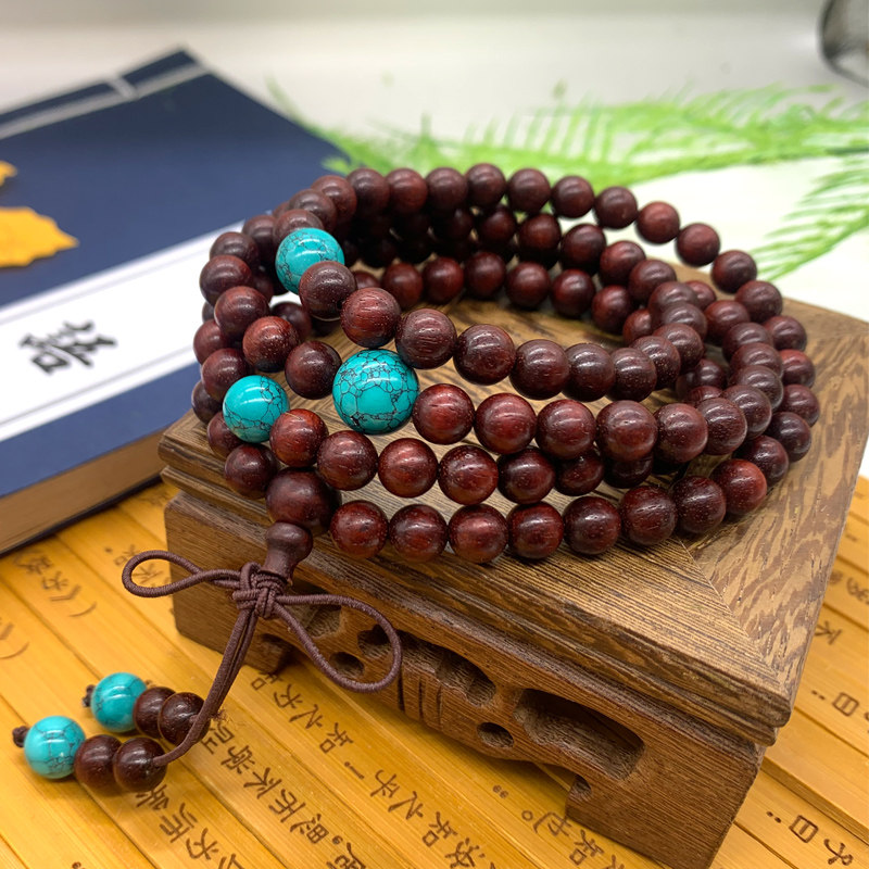 Lobular red sandalwood girl bracelet with natural turquoise and sandalwood beads with 108 Wenwan rosary beads