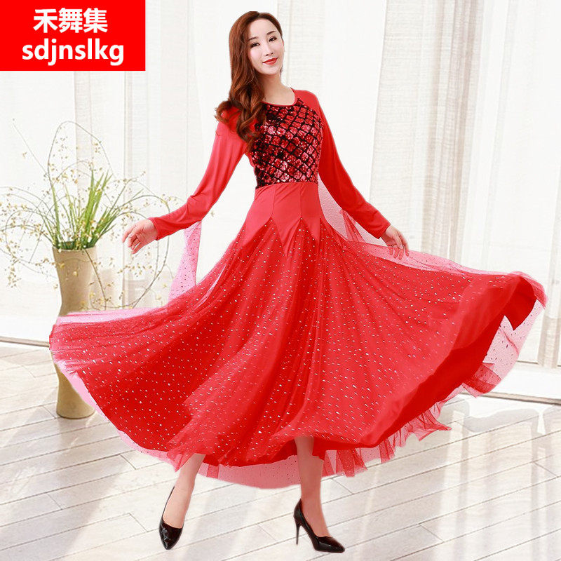 Morden Dance Ocean Dress Waltz Performance Outfit Upscale Social Dance Large Pendulum Skirt Long Sleeve National Mark Dance Tango Practice