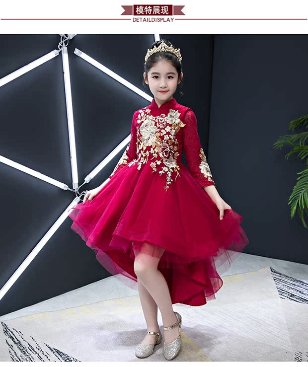 Váy bé gái váy dạ hội Trung Quốc váy dài tay công chúa váy sinh nhật hoa cô gái chủ trang phục catwalk mùa thu váy đầm cho be gái 14 tuổi