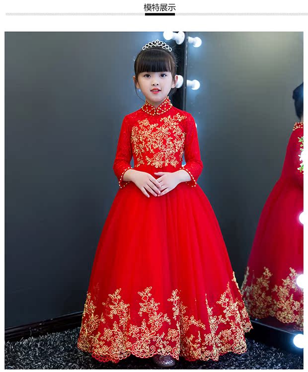 Váy hoa cho bé gái công chúa váy xòe váy cưới dài tay cho bé gái váy dạ hội dẫn chương trình trình diễn trang phục mùa thu đông thời trang cho bé