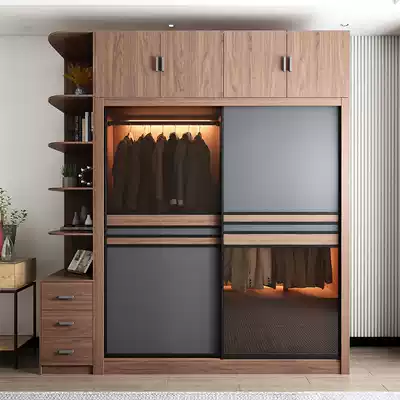 Wardrobe household small apartment Nordic wardrobe bedroom simple glass sliding door walnut color cabinet sliding door wardrobe