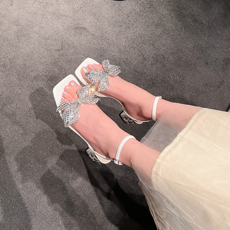 Sandals women's summer 2022 new thick heel with rhinestone bow high heels French open toe fairy style