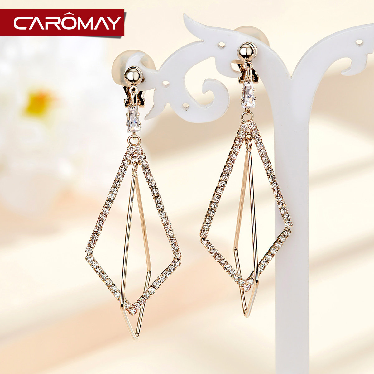 Geometric diamond-shaped earrings without pierced female ins big round face suitable earrings long version simple temperament net red earrings