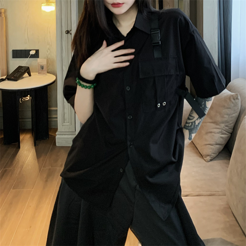 Korean Ins Dark Techwear Workwear Shirt with Pockets, Short-Sleeve Shirt, Harajuku Style Loose Shirt, Unisex Trendy