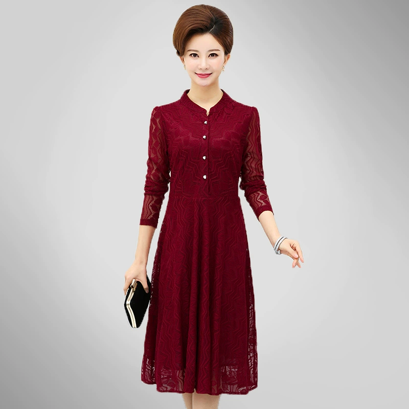 Phụ nữ trung niên mùa xuân quý phái váy ren dài qua gối ngắn tay áo sơ mi đáy dài cho người trung niên và người già dài tay plus size váy mẹ - váy đầm