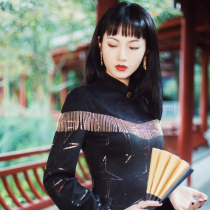 One two custom modified cheongsam short Chinese style retro tassel dress female young girl autumn and winter gold