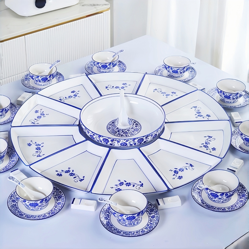 New Chinese-Style Blue and White Platter Tableware Set for Reunion Dinner, Creative Plating, Household Dish Plates, Stir-Fry Plates