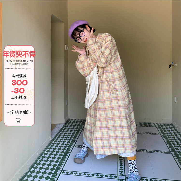 Omurice restaurant_Plaid pattern long-sleeved trench coat women's autumn Japanese style retro sweet temperament mid-length top