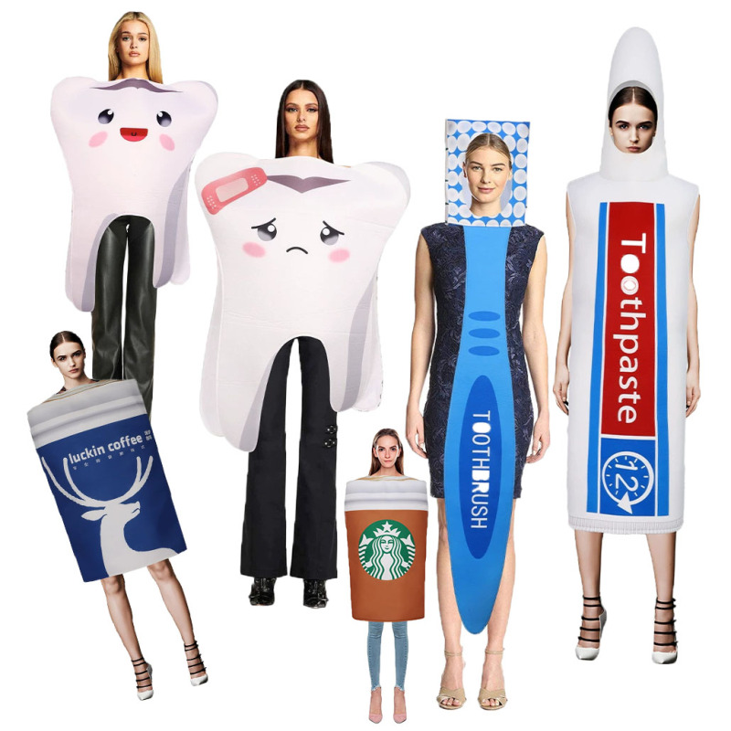 Halloween Funny Cosplay Toothpaste Toothbrush Adult Costume Teeth Cavities Coffee Cup Mineral Water Bottle