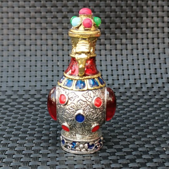 古玩收藏仿古复古鼻烟壶铜双面镶嵌红蓝绿宝石烟具内画鼻烟壶