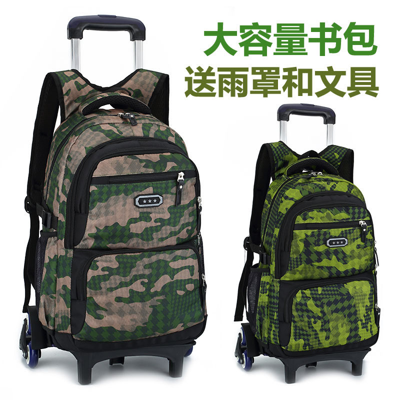 With wheels Lalever bag Large Number of elementary school students 4-6-9 grade capable of climbing stairs Dual secondary school students Army Green
