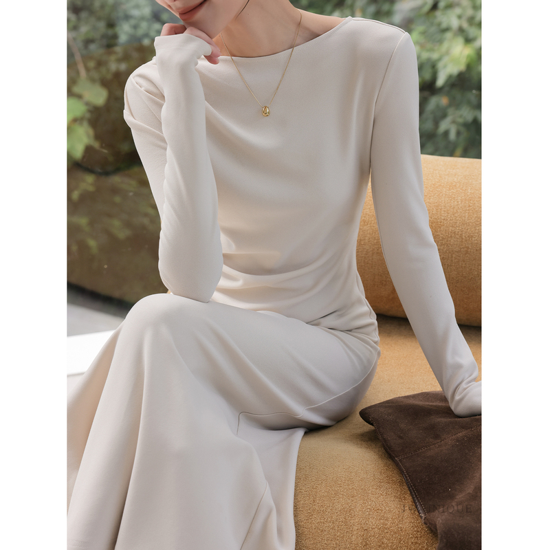 Jwunique Dimple Oatmeal Color Long Sleeve Pleated Waist Dress Women's 2026 Spring and Autumn New Style Elegant Long Dress