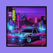 Harajuku Tokyo initial character D sports car neon cyberpunk city street view night scene racing steam wave decoration painting