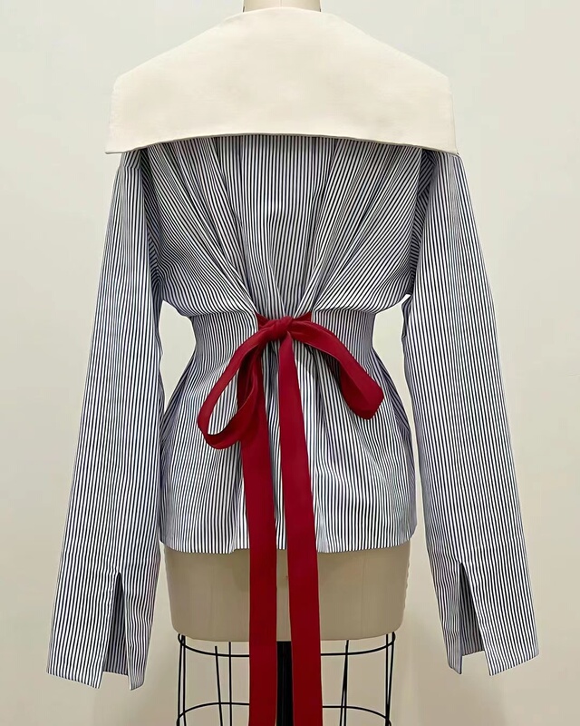 2024 Spring/Summer New Sailor Style Casual Niche Waist-Cinching Color-Block Shirt with Tie Bow Top 2024 Spring/Summer New Sailor Style Casual Niche Waist-Cinching Color-Block Shirt with Tie Bow Top