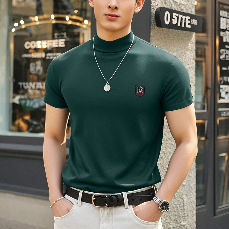 Modal Men's Half-High Collar Short-Sleeve T-Shirt, Summer Light Luxury Base Shirt, Mercerized Cotton T-Shirt, Men's High-Neck Embroidered Logo Half-Sleeve