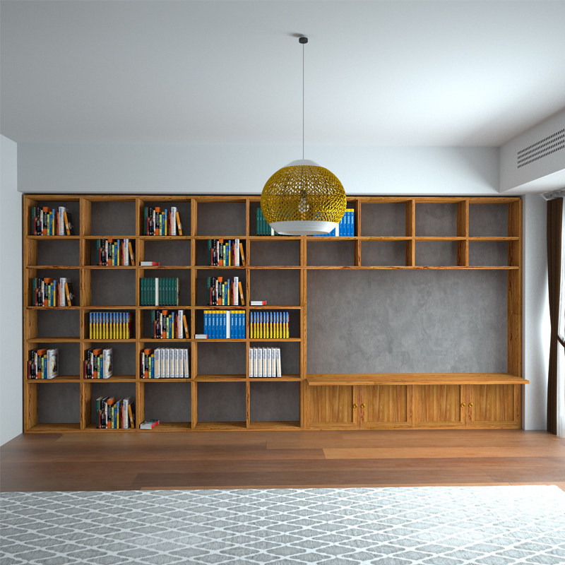 Old elm bookshelf with desk and the whole wall is full of custom-made 3 cm thick log living room bookcase package installation