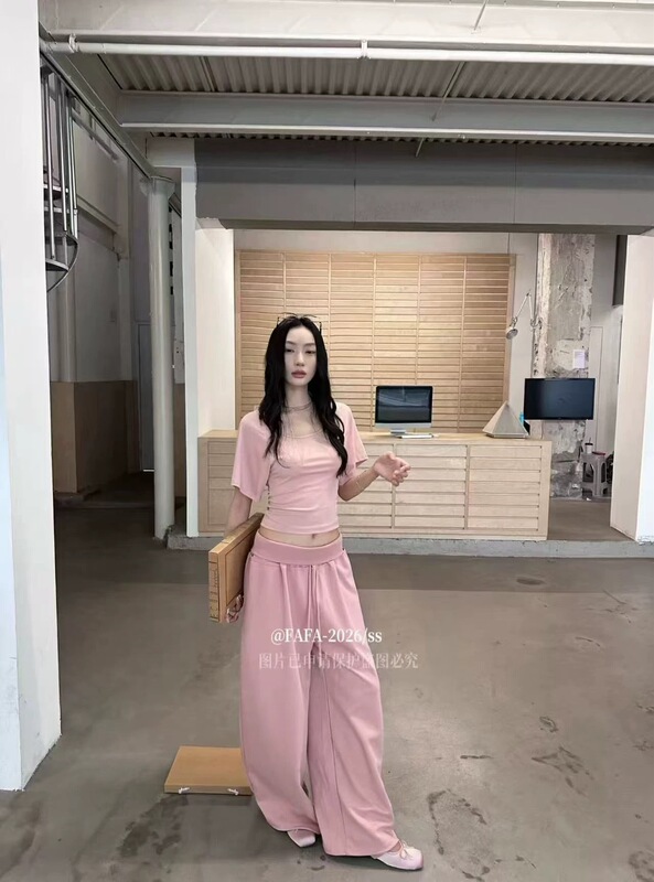 2026 New Summer Style Korean Fashion Elegant Batwing Sleeve Backless Drawstring T-Shirt + Flip-Waist Wide-Leg Casual Pants Set