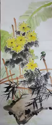Pure hand-painted Chinese painting chrysanthemum Sparrow without signature seal ink Chinese painting three feet whole literati painting