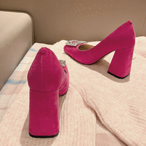 Rough heels with single shoes female French retro Mary shoes small man increased red square header drill