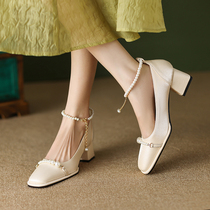 French vintage single shoe woman rough heels original heels small shoes small shoes small shoes with real leather pearls