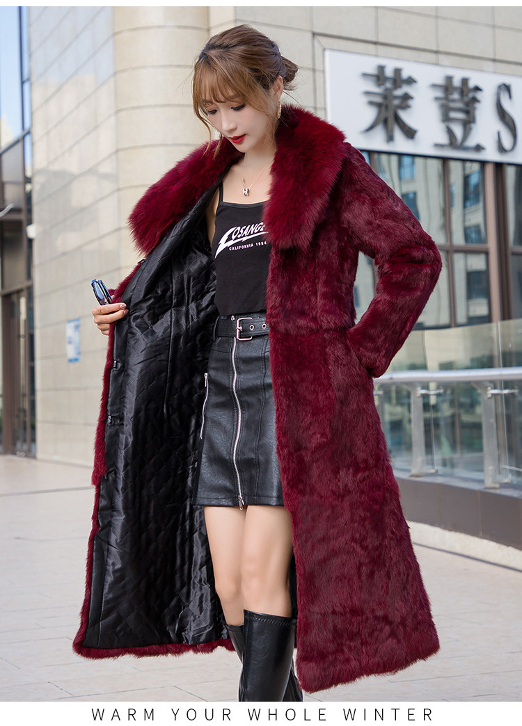 Womens Fox Fur Collar Real Rabbit Fur Long Jacket Outwear Coat