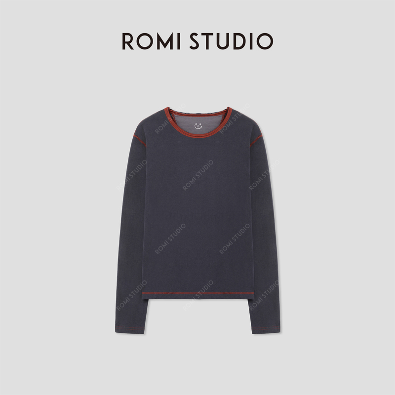 Romi Studio Breaks the Norm with a Gray and Red Contrast Trim Comfortable Cotton Long-Sleeve Top Rwcasu5423 Romi Studio Breaks the Norm with a Gray and Red Contrast Trim Comfortable Cotton Long-Sleeve Top Rwcasu5423
