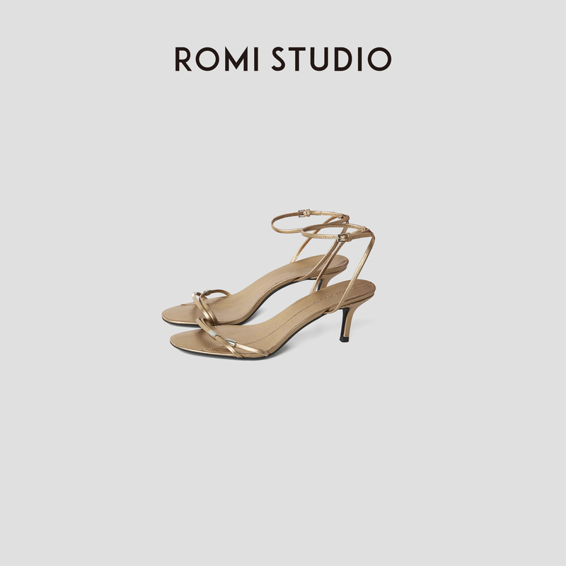Romi Studio Elegant Gold Genuine Leather One-Strap Stiletto High-Heeled Sandals Rwcrp33099